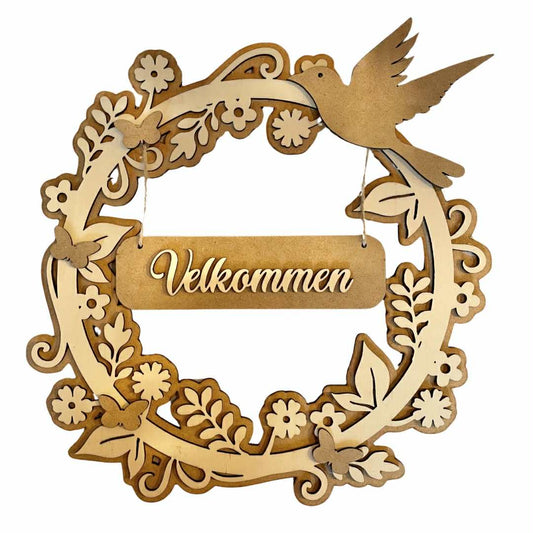 Velkommen-skilt i tre med fugl og blomster